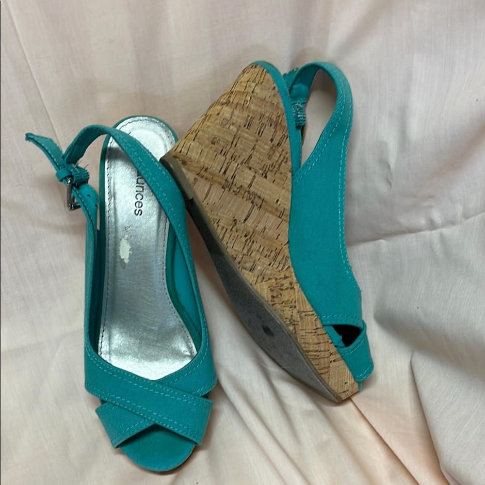 Maurice’s Turquoise Wedge Sandals Size 8